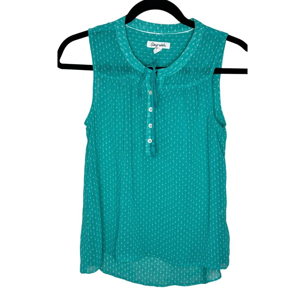 Aeropostale Women's Green White Print Sleeveless Sheer Crewneck Blouse Tank S